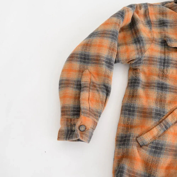 VTG Route 66 Orange And Gray Plaid Fleece Lined Button Up Hooded Sweater  Jacket - Picture 8 of 11